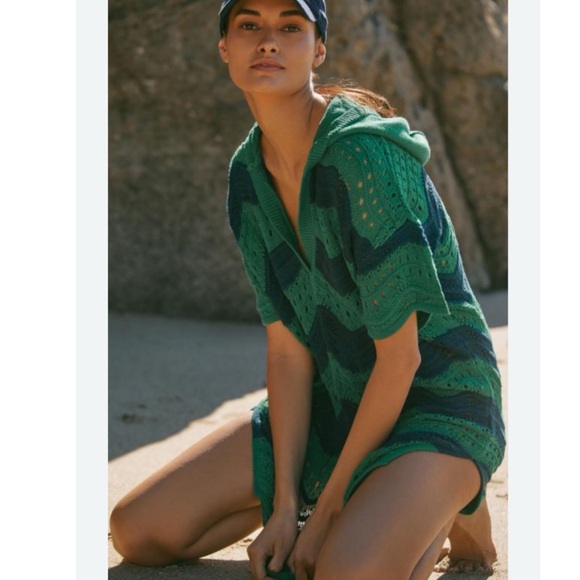 NWT Anthropologie Wave Crochet Hooded Mini Knit Cover Up Beach Dress XL - Picture 4 of 10